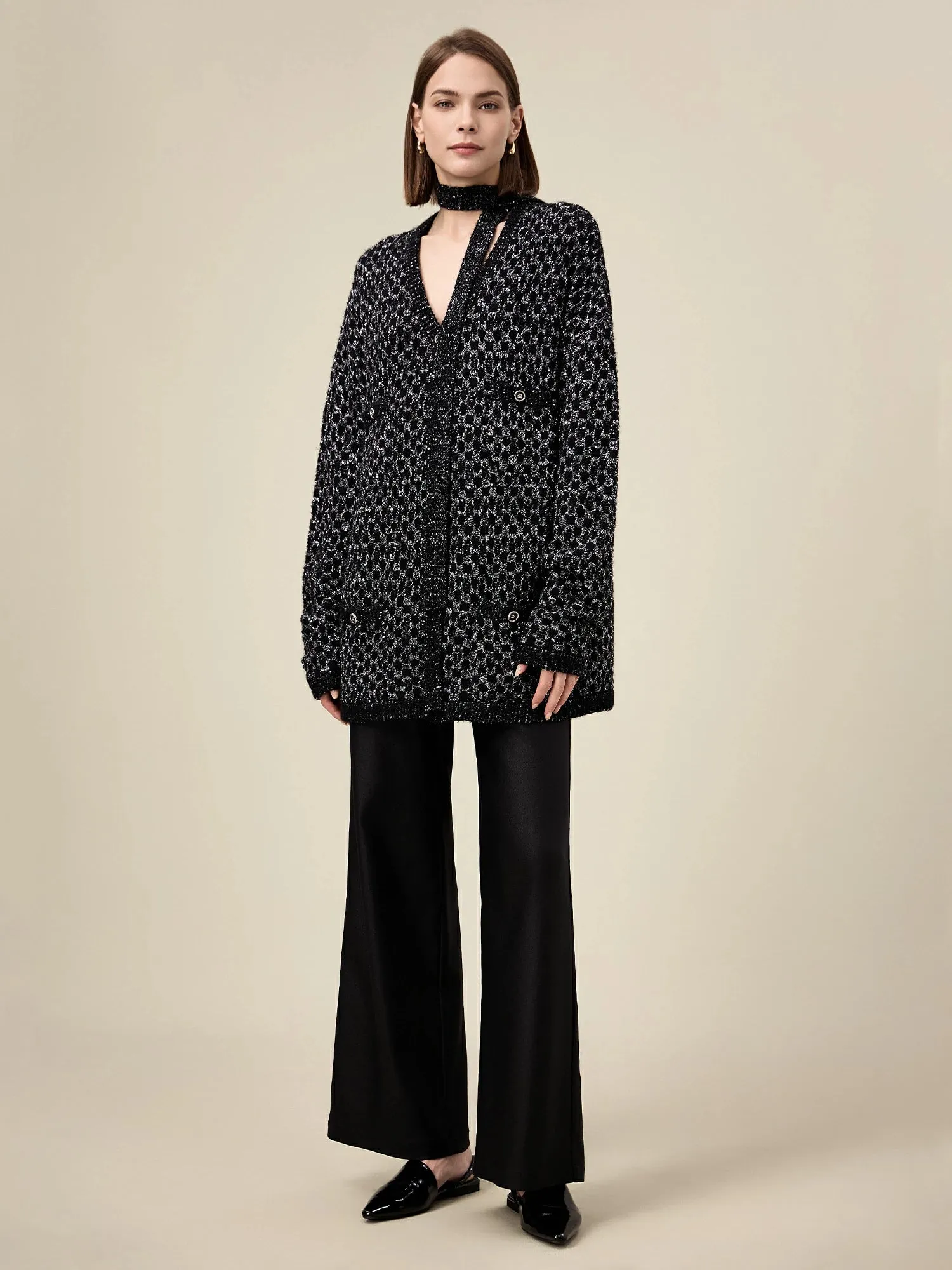 Amoretu Women's Wool V-Neck Gold Silver Yarn Knitted Cardigan sold by Amoretu product image thumbnail 2