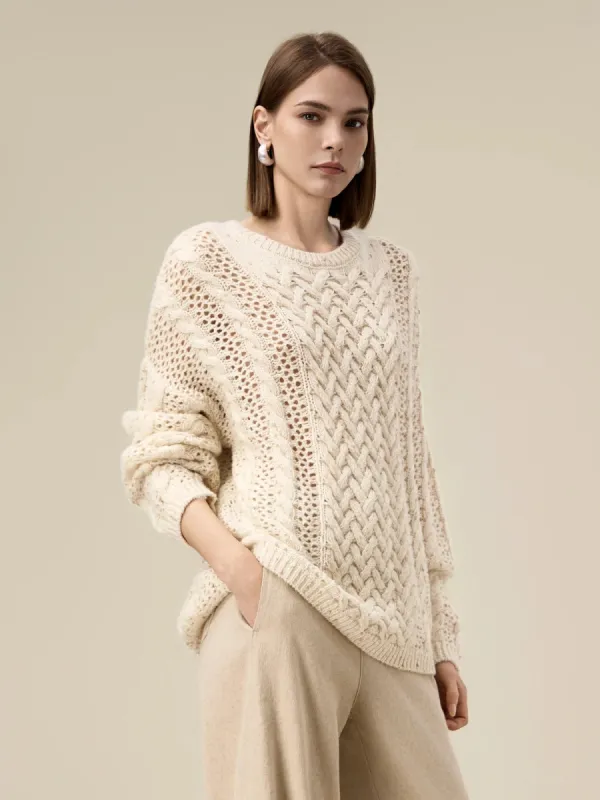 Amoretu Women's Cable Knitted Gold Bean Yarn Hollow Sweater sold by Amoretu
