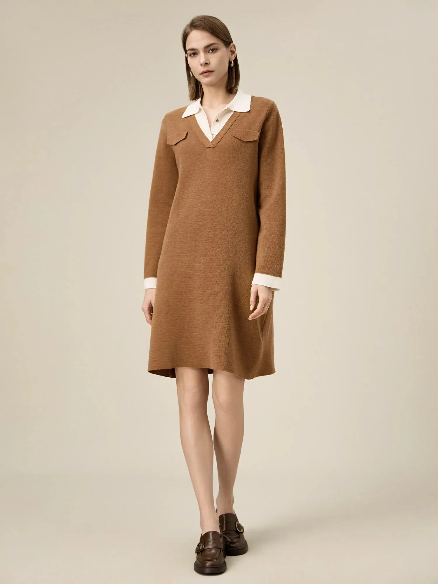 Amoretu Wool Polo Collar Contrast Color Knitted Dress sold by Amoretu