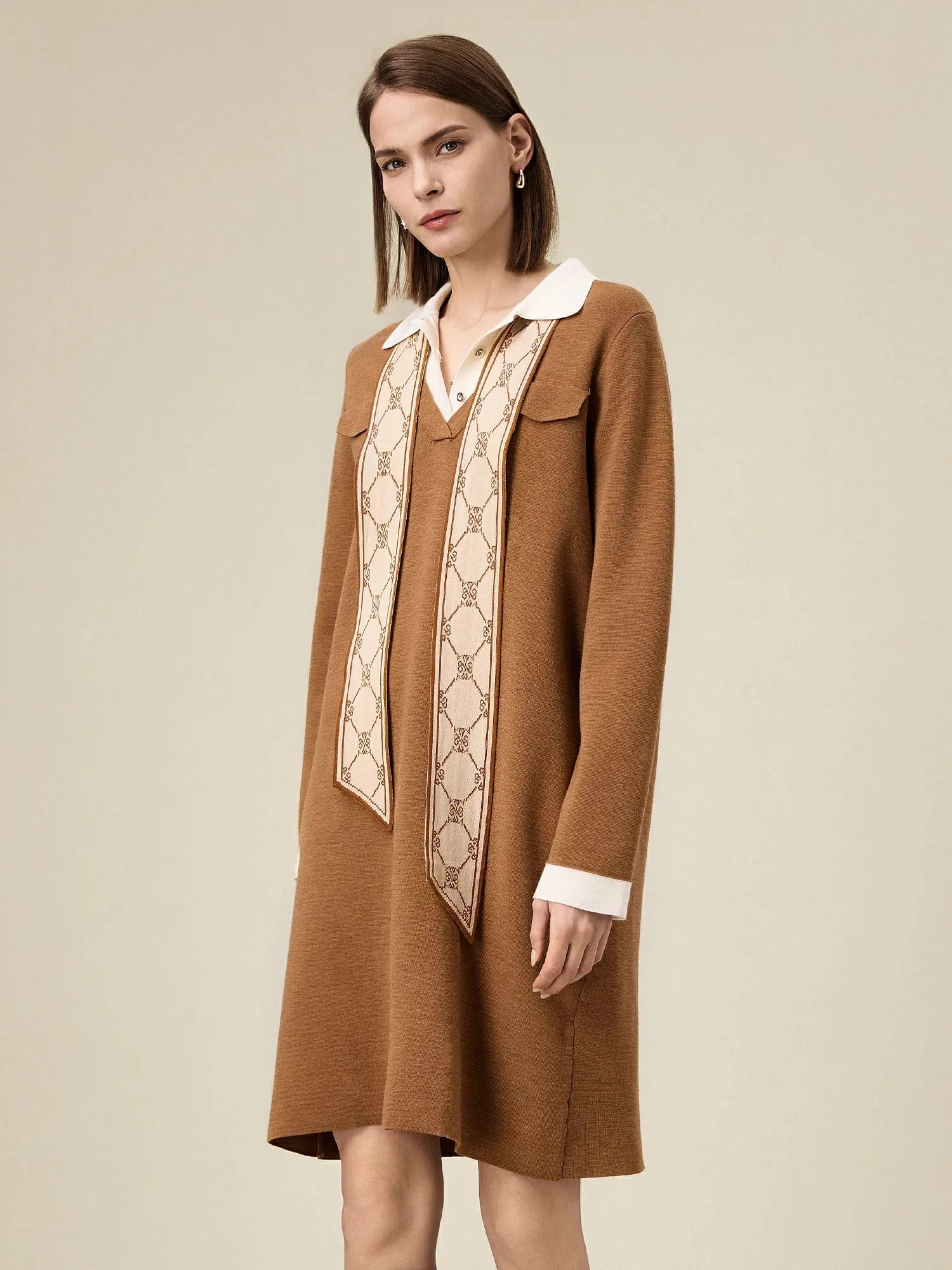 Amoretu Wool Polo Collar Contrast Color Knitted Dress sold by Amoretu product image thumbnail 4