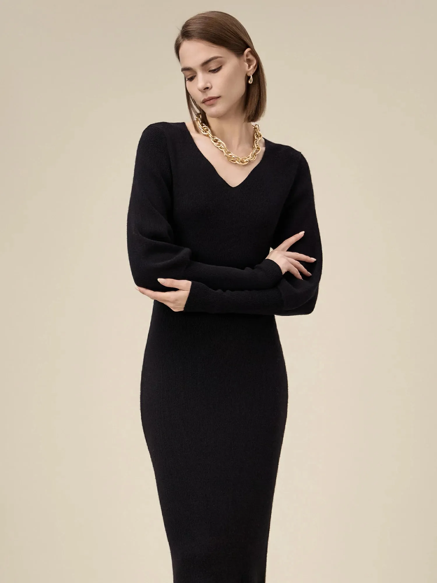 Amoretu Women's 100% Wool V-Neck Knitted Dress sold by Amoretu product image thumbnail 4