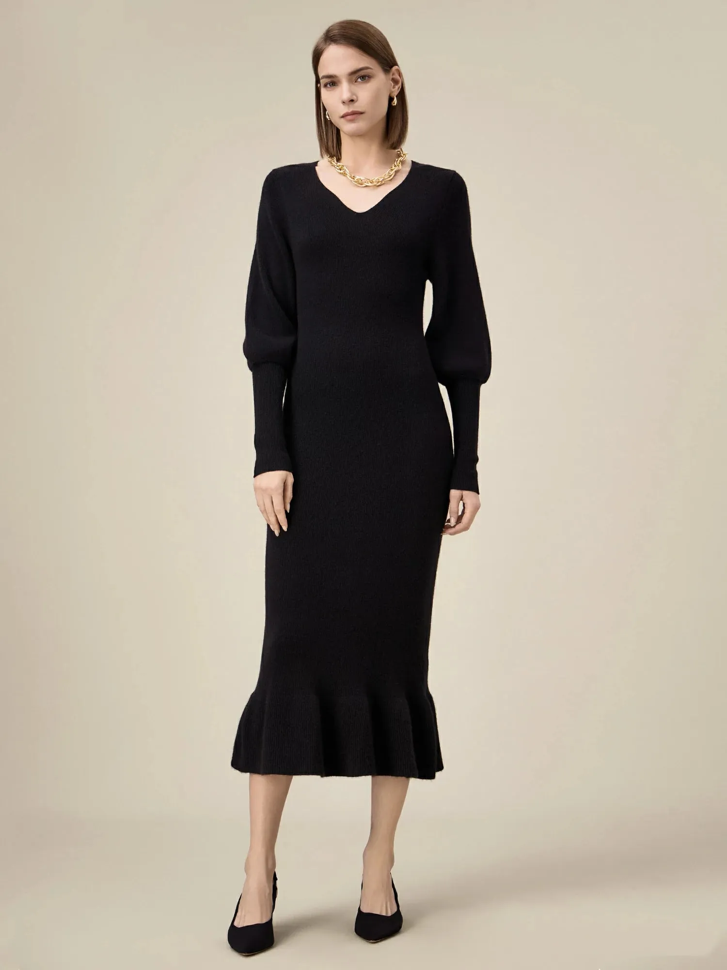 Amoretu Women's 100% Wool V-Neck Knitted Dress sold by Amoretu