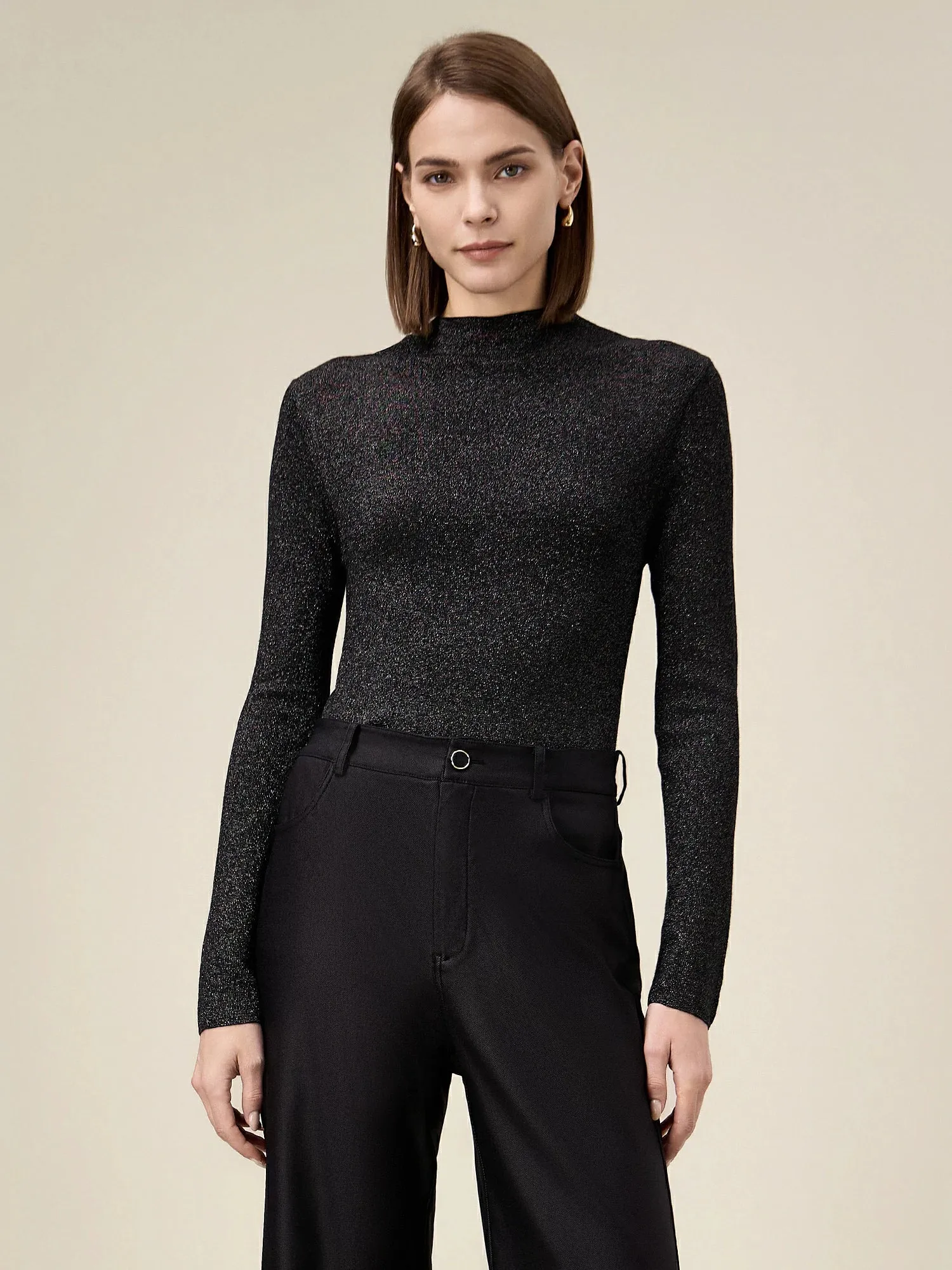 Amoretu Silver Yarn Stand Collar Sweater Top sold by Amoretu