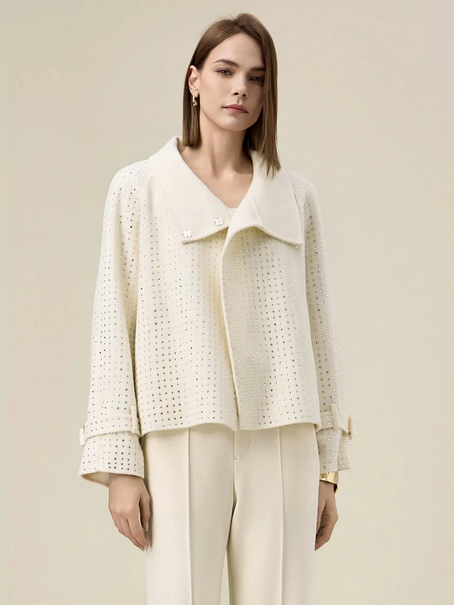 Amoretu Women's Wool Lapel Rhinestone Cropped Jacket sold by Amoretu