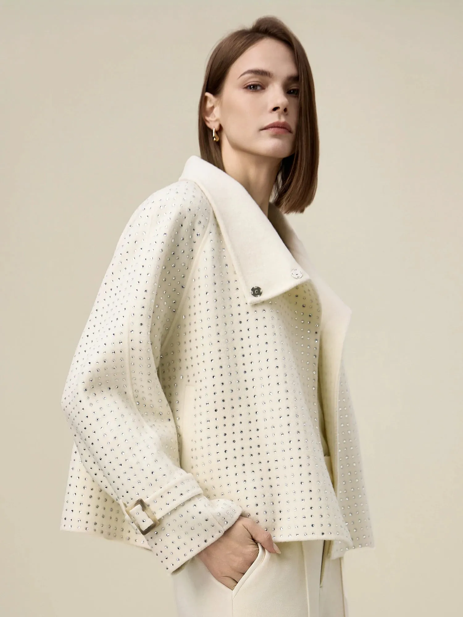 Amoretu Women's Wool Lapel Rhinestone Cropped Jacket sold by Amoretu product image thumbnail 3