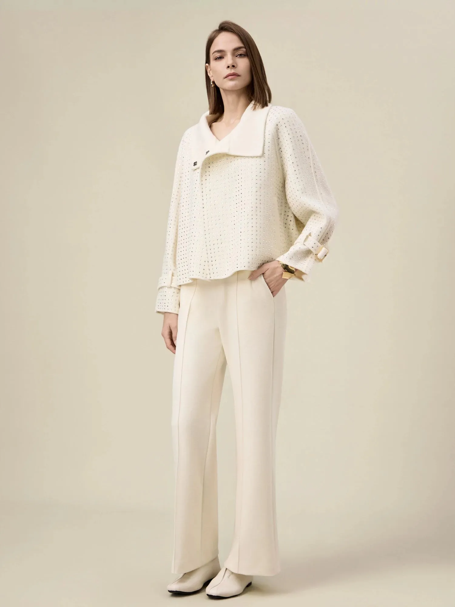 Amoretu Women's Wool Lapel Rhinestone Cropped Jacket sold by Amoretu product image thumbnail 2