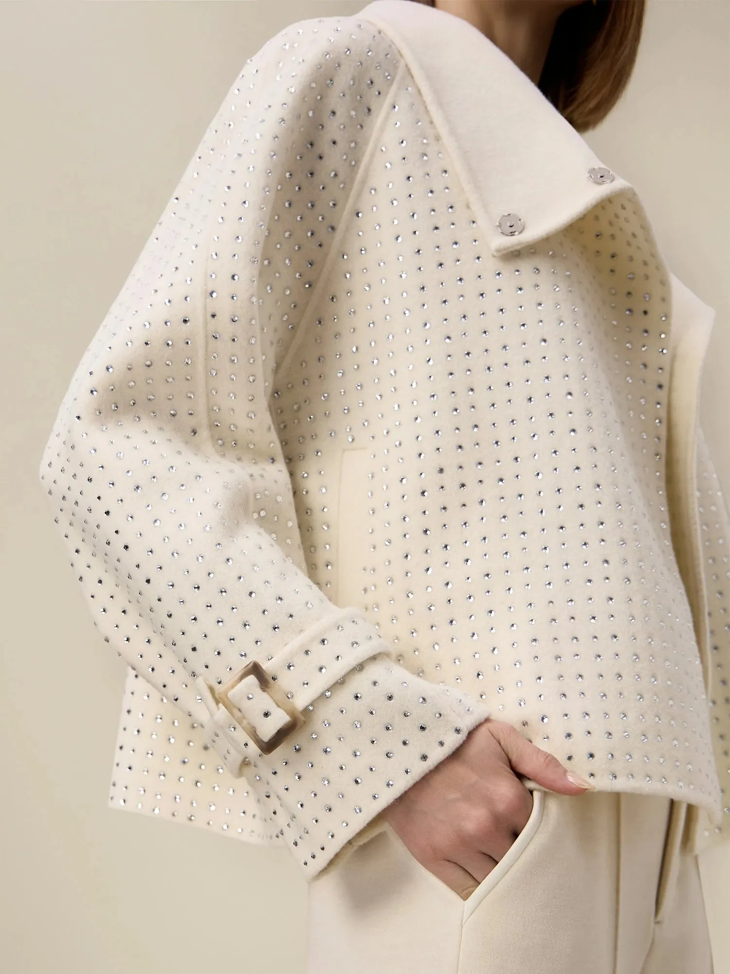 Amoretu Women's Wool Lapel Rhinestone Cropped Jacket sold by Amoretu product image thumbnail 5