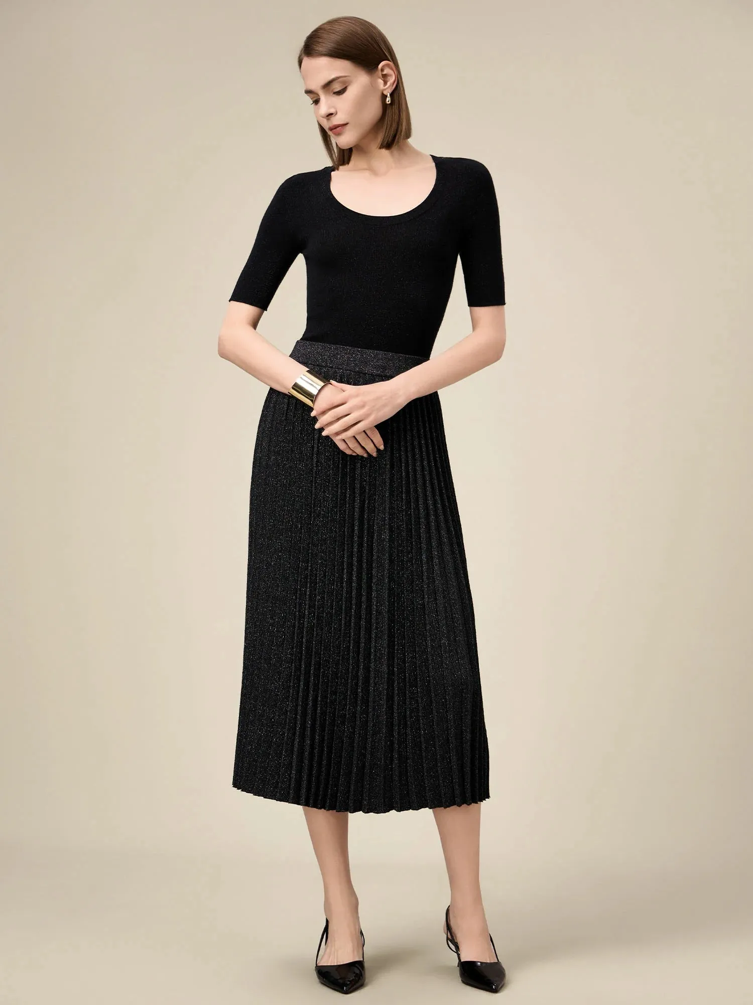 Amoretu Women's Elastic Waist Silver Yarn Pleated Skirt sold by Amoretu product image thumbnail 2