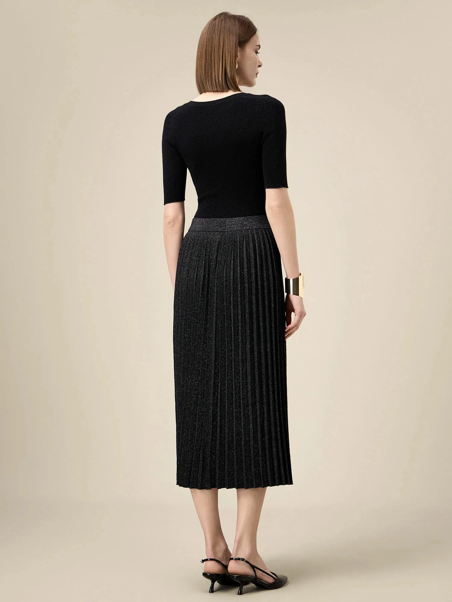 Amoretu Women's Elastic Waist Silver Yarn Pleated Skirt sold by Amoretu product image thumbnail 4