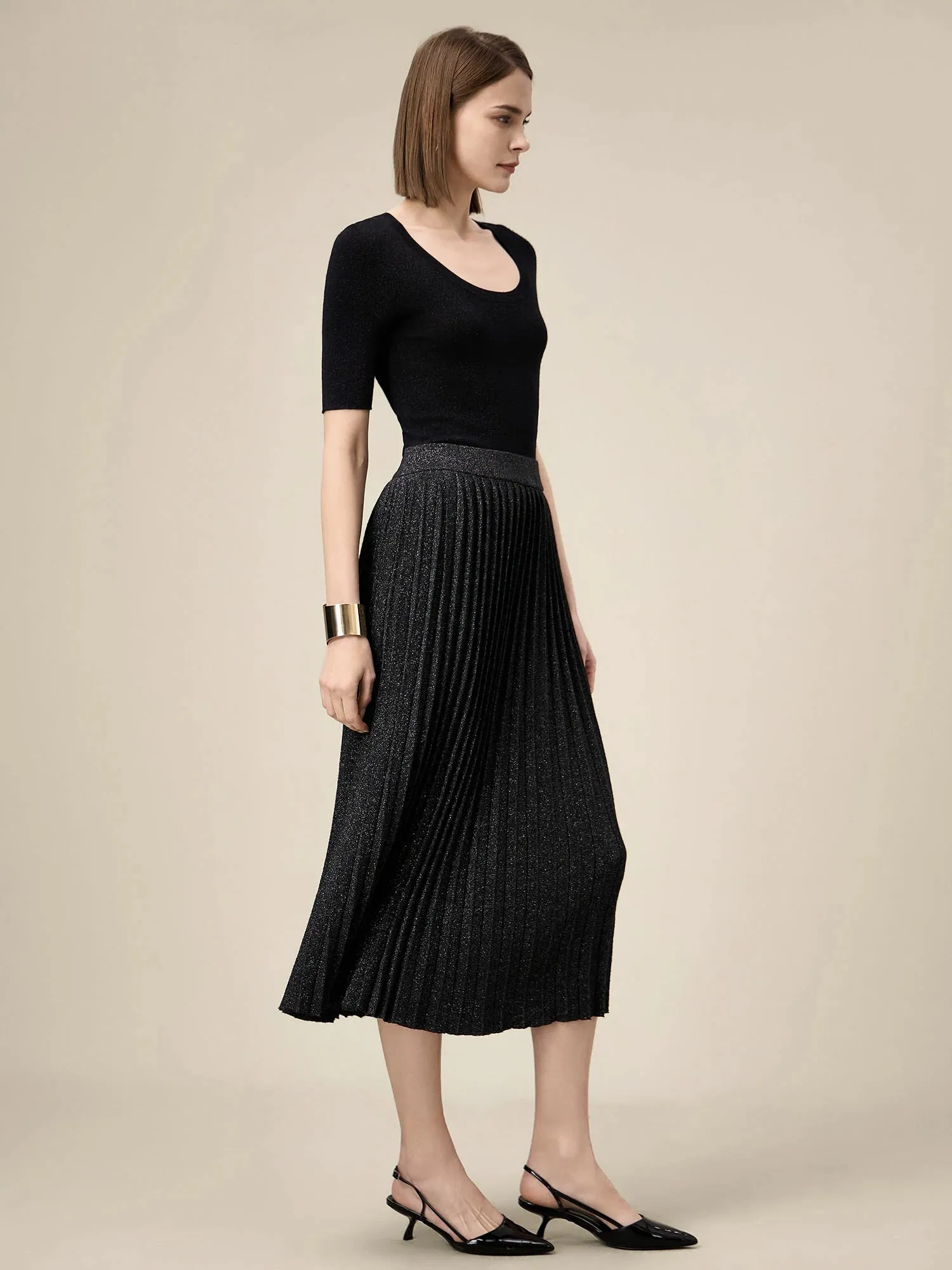 Amoretu Women's Elastic Waist Silver Yarn Pleated Skirt sold by Amoretu product image thumbnail 3