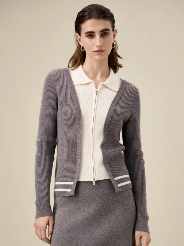 Amoretu 100% Wool Lapel Contrast Color Double-Zip Knit Cardigan sold by Amoretu