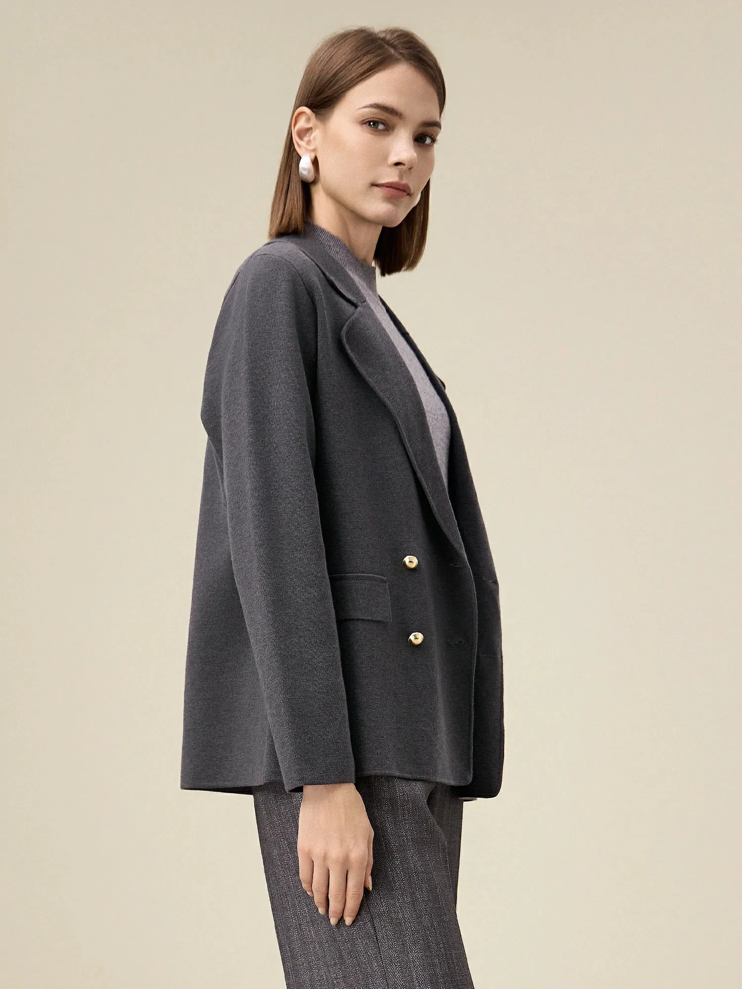 Amoretu Women's Wool Lapel Long Sleeve Knit Stretch Blazer sold by Amoretu product image thumbnail 3