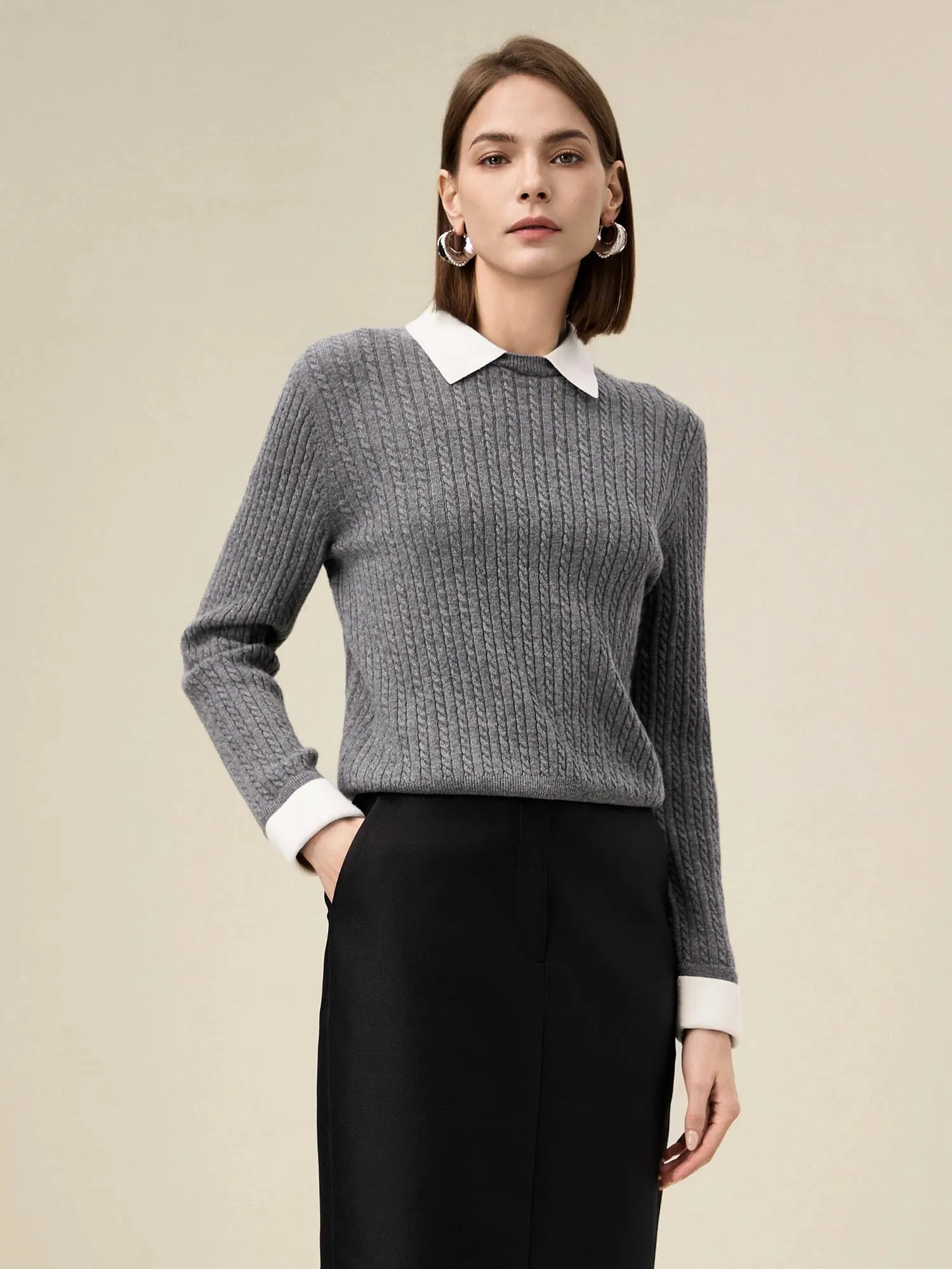 Amoretu Women's 100% Wool Lapel Cable Knit Sweater sold by Amoretu