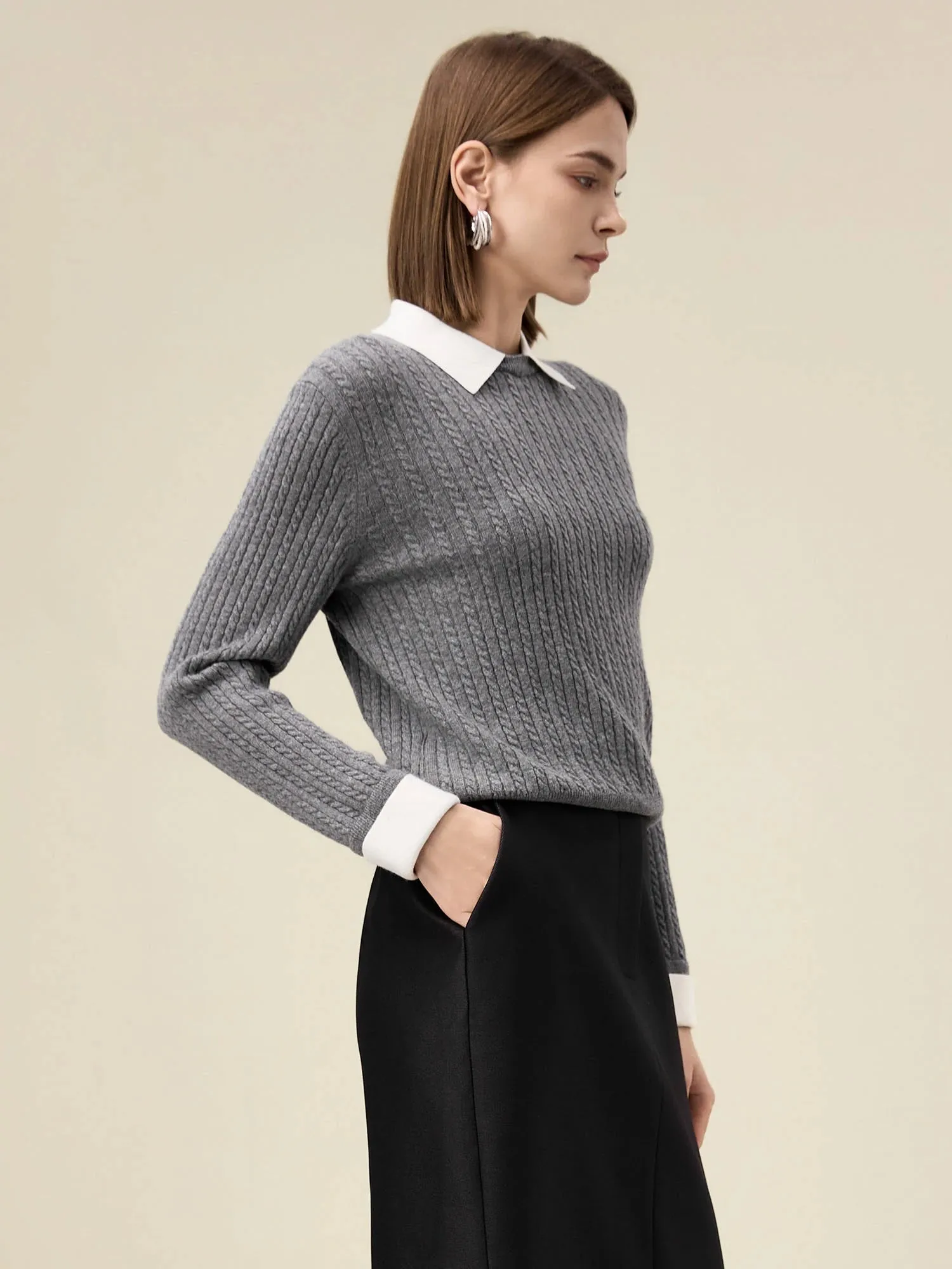 Amoretu Women's 100% Wool Lapel Cable Knit Sweater sold by Amoretu product image thumbnail 3