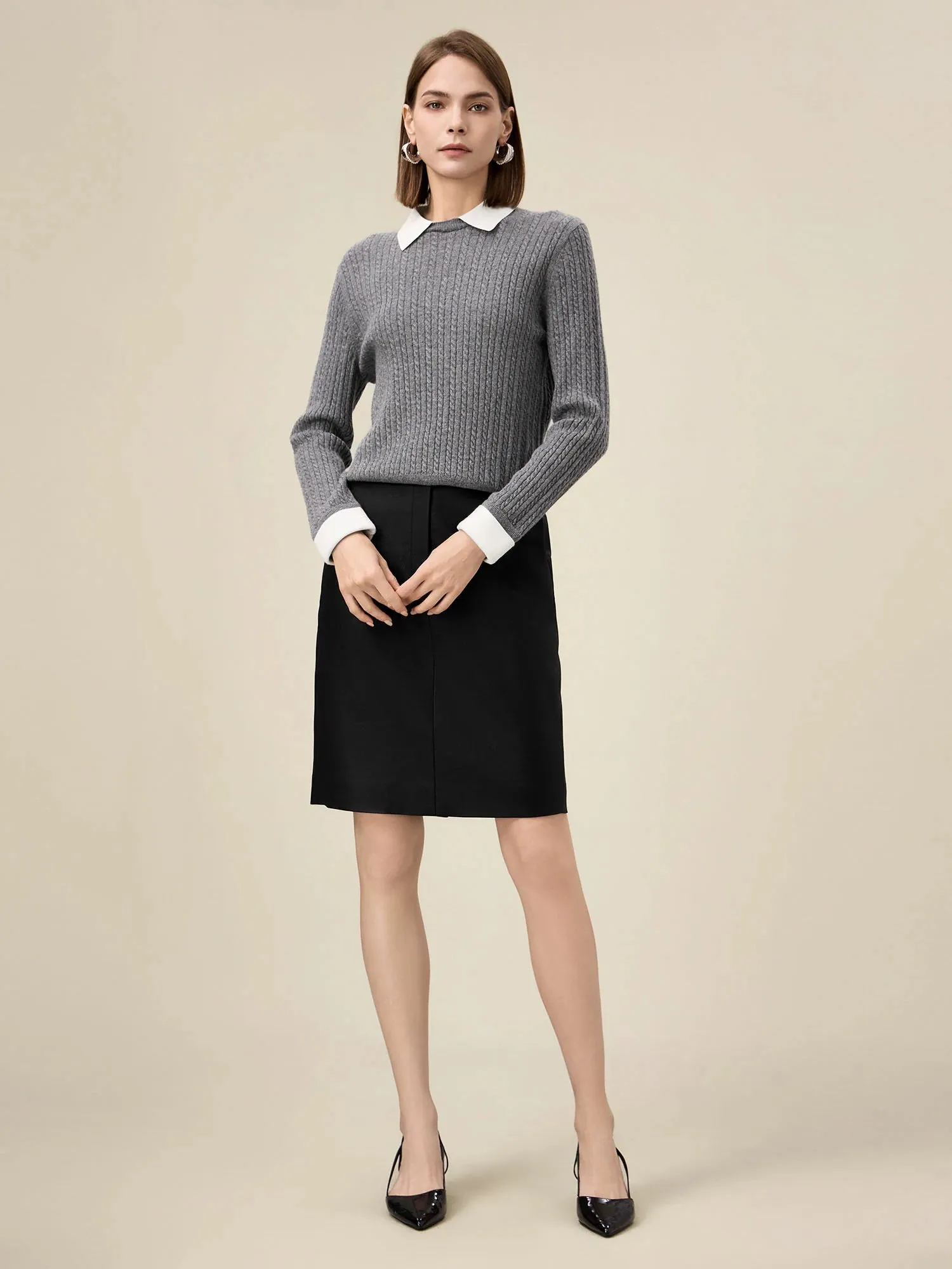 Amoretu Women's 100% Wool Lapel Cable Knit Sweater sold by Amoretu product image thumbnail 2