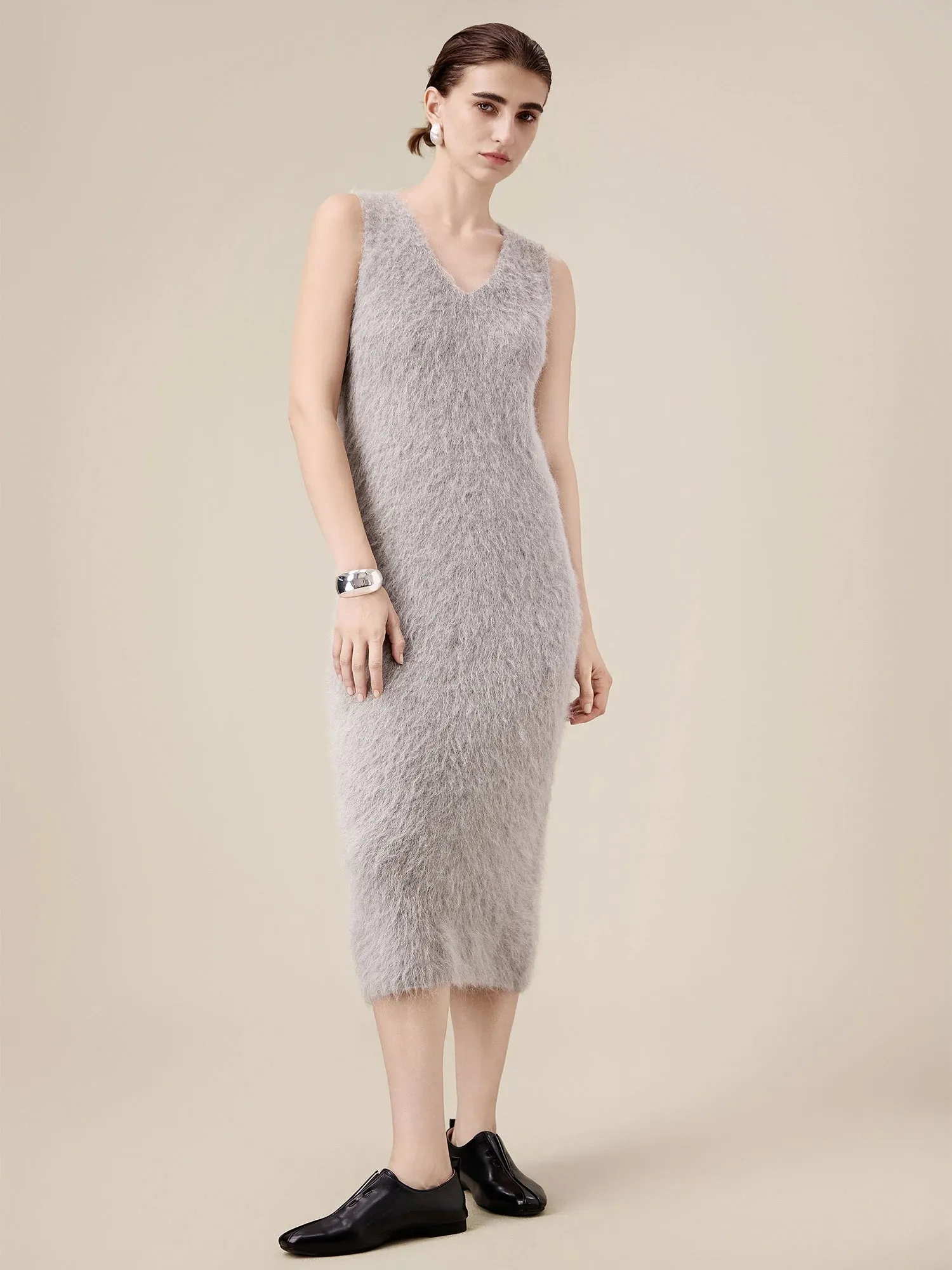 Amoretu Alpaca V-Neck Sleeveless Plush Knit Vest Dress sold by Amoretu product image thumbnail 3