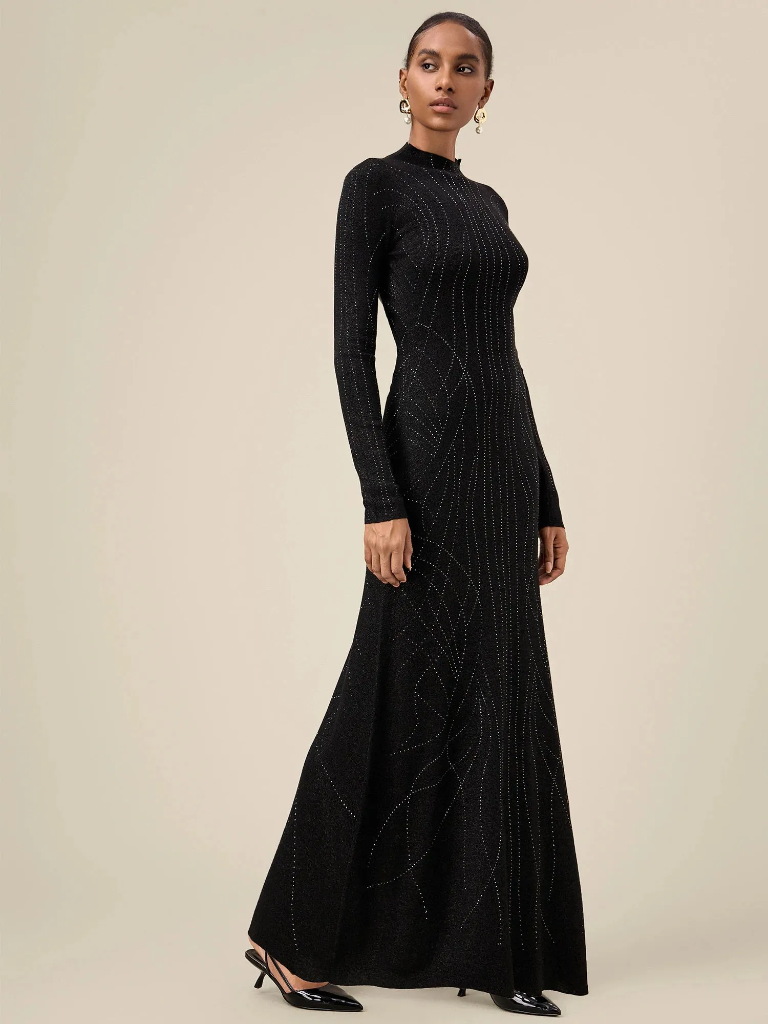 Amoretu Wool Mock Neck Rhinestone Backless Knit Dress sold by Amoretu product image thumbnail 3