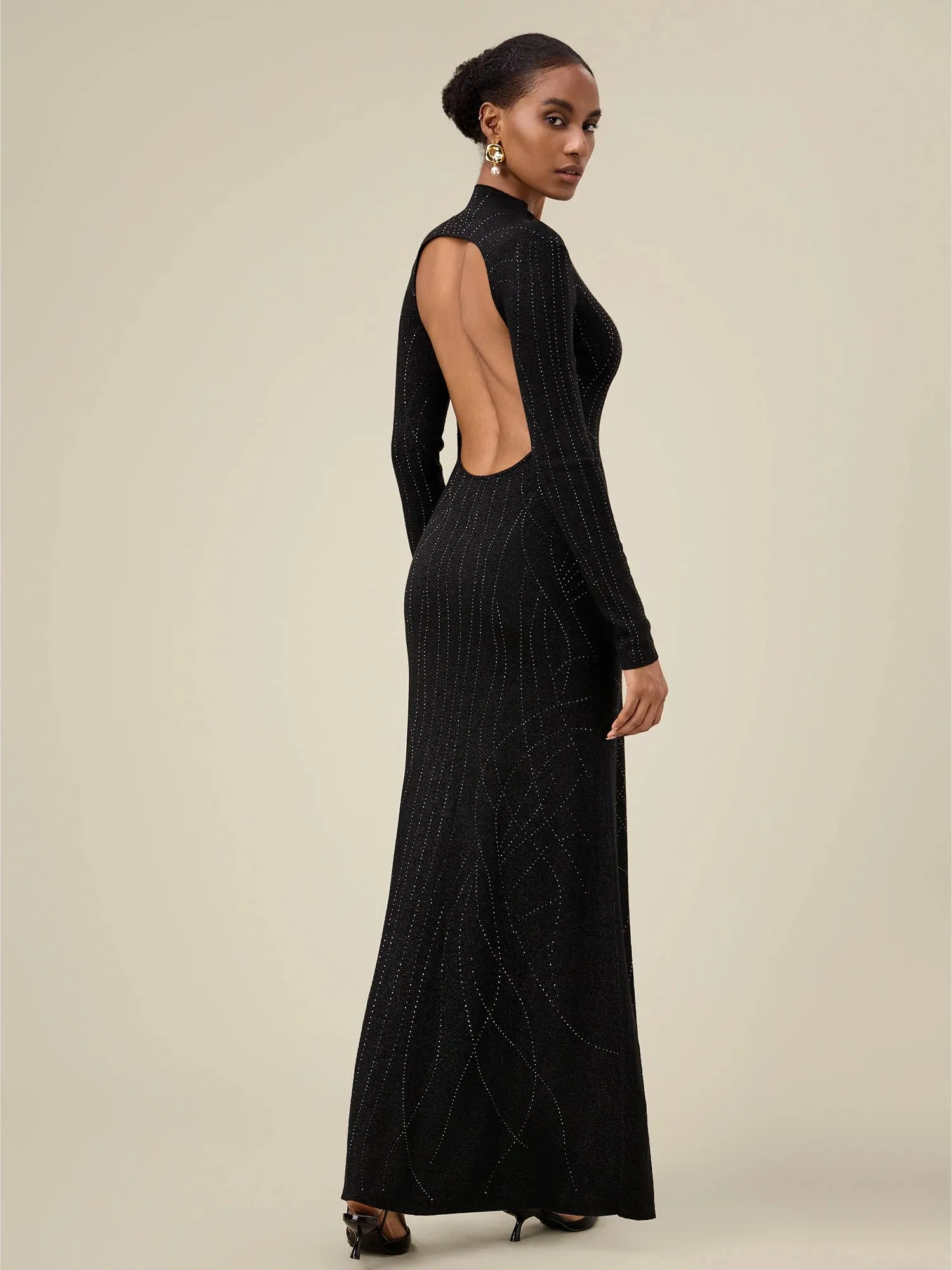 Amoretu Wool Mock Neck Rhinestone Backless Knit Dress sold by Amoretu product image thumbnail 2