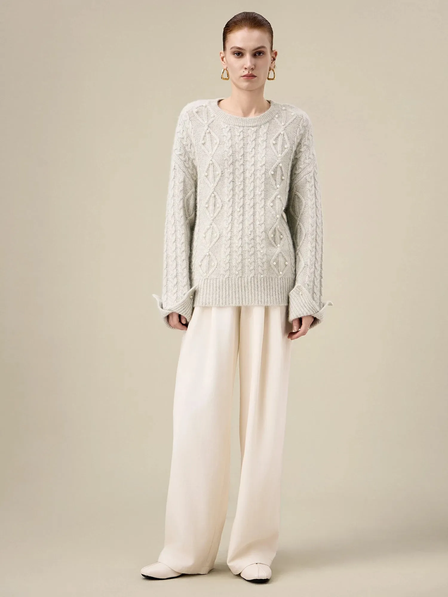 Amoretu Women's 44.1% Wool Long Sleeve Beaded Cable Knit Sweater sold by Amoretu product image thumbnail 2