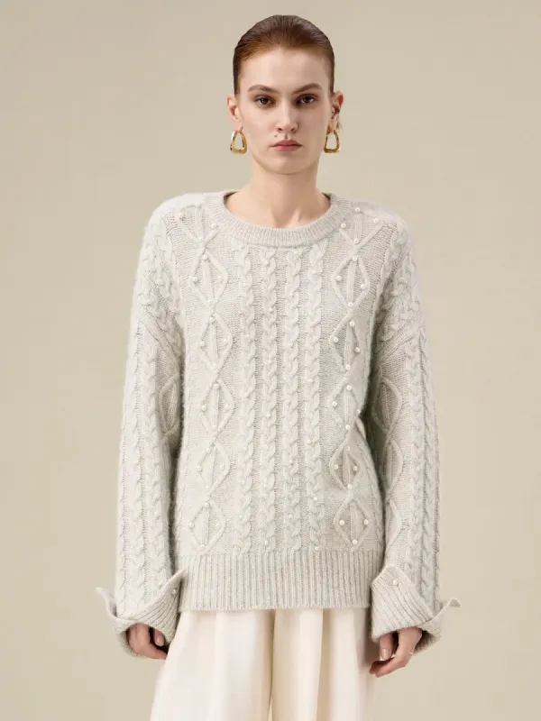 Amoretu Women's 44.1% Wool Long Sleeve Beaded Cable Knit Sweater sold by Amoretu