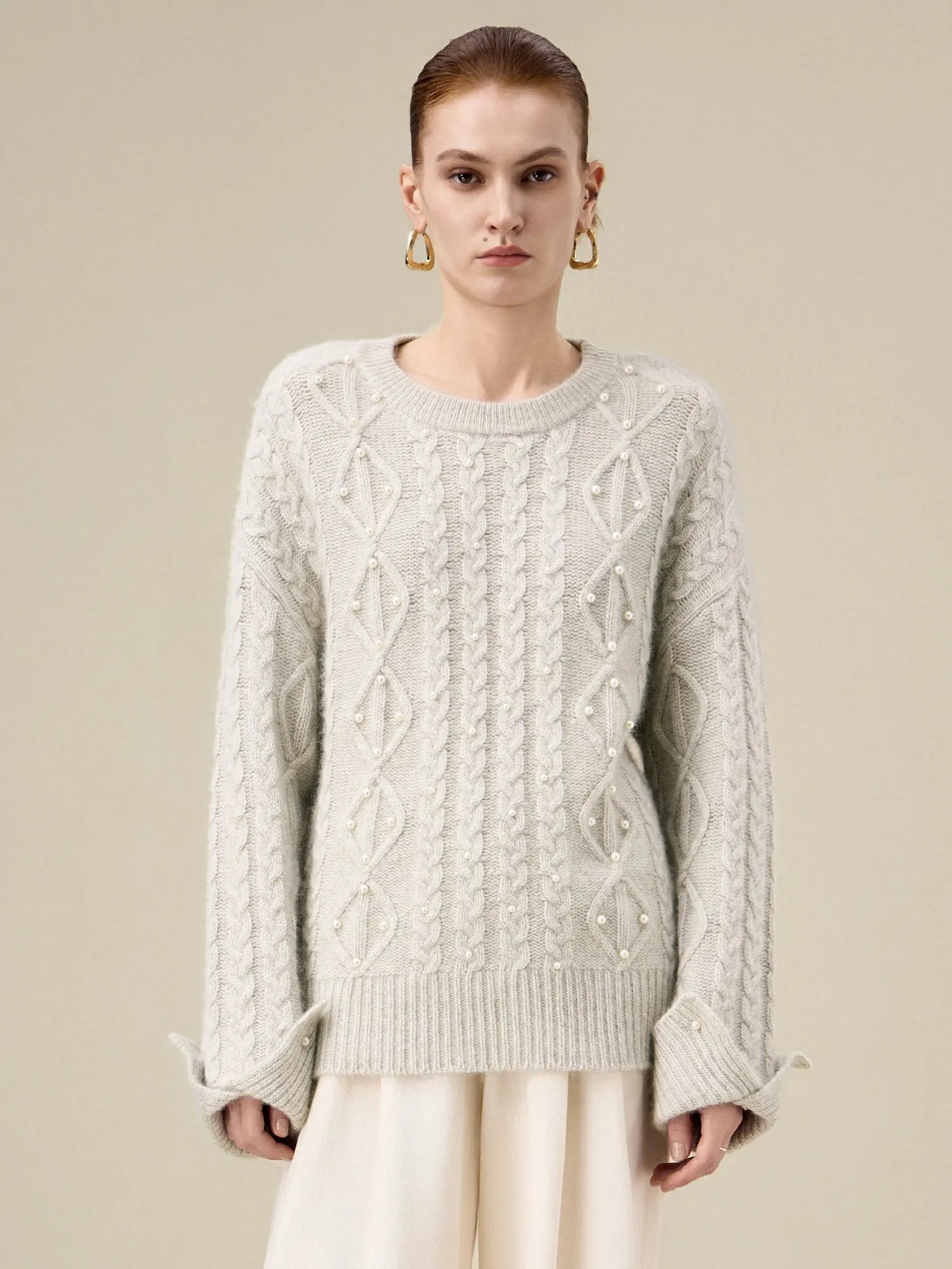 Amoretu Women's 44.1% Wool Long Sleeve Beaded Cable Knit Sweater sold by Amoretu