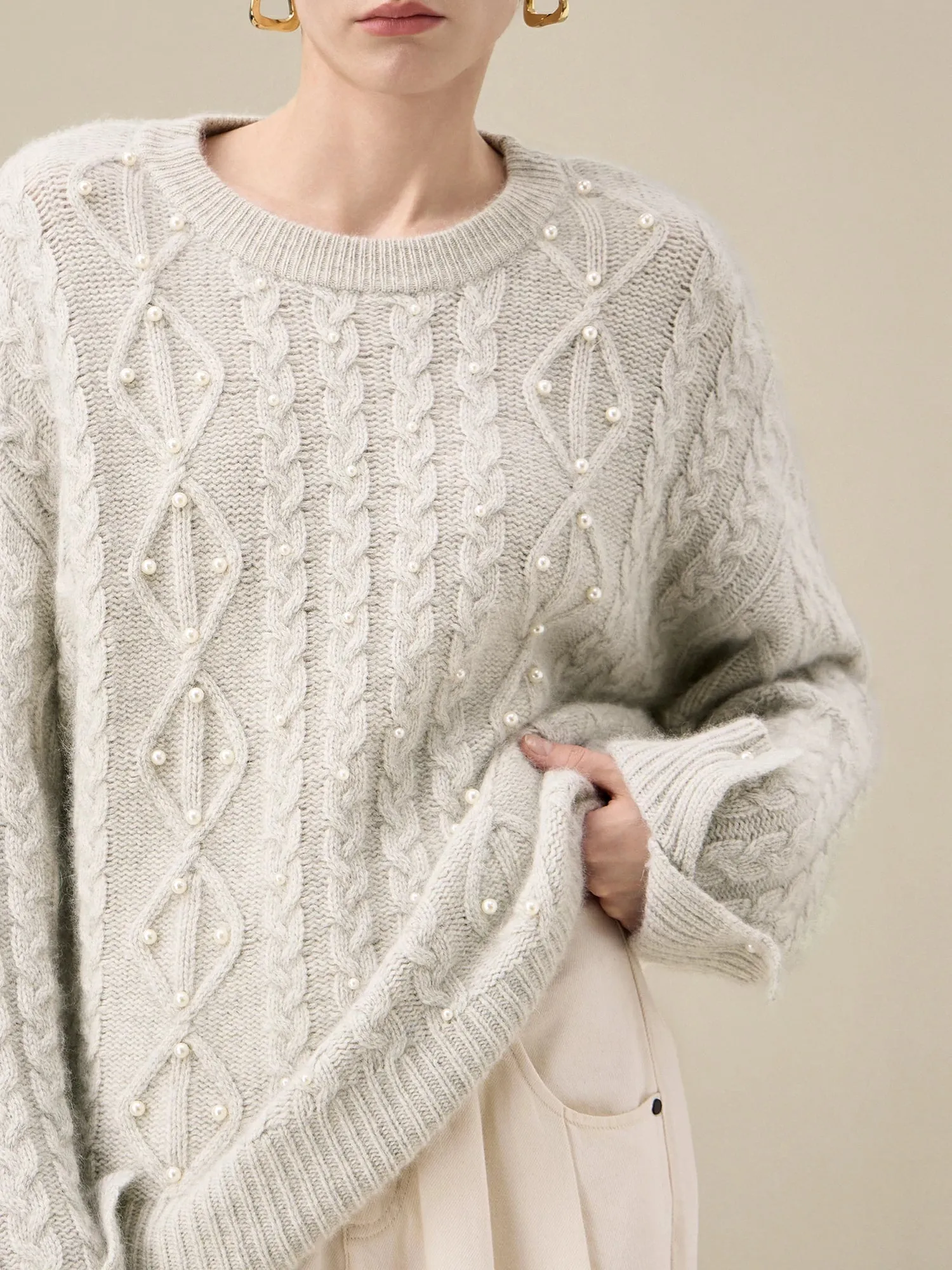 Amoretu Women's 44.1% Wool Long Sleeve Beaded Cable Knit Sweater sold by Amoretu product image thumbnail 5