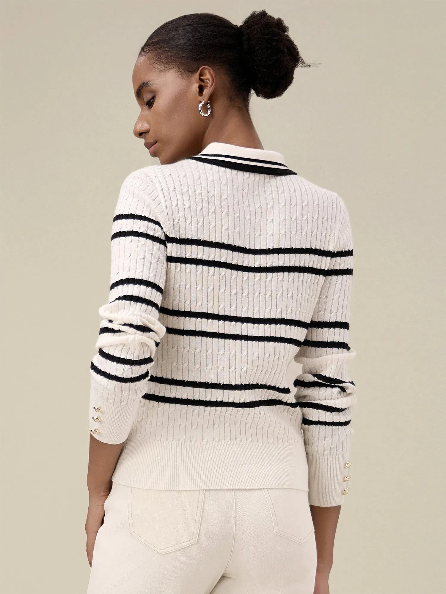 Amoretu Women's Wool Polo Collar Striped Knit Sweater sold by Amoretu product image thumbnail 4