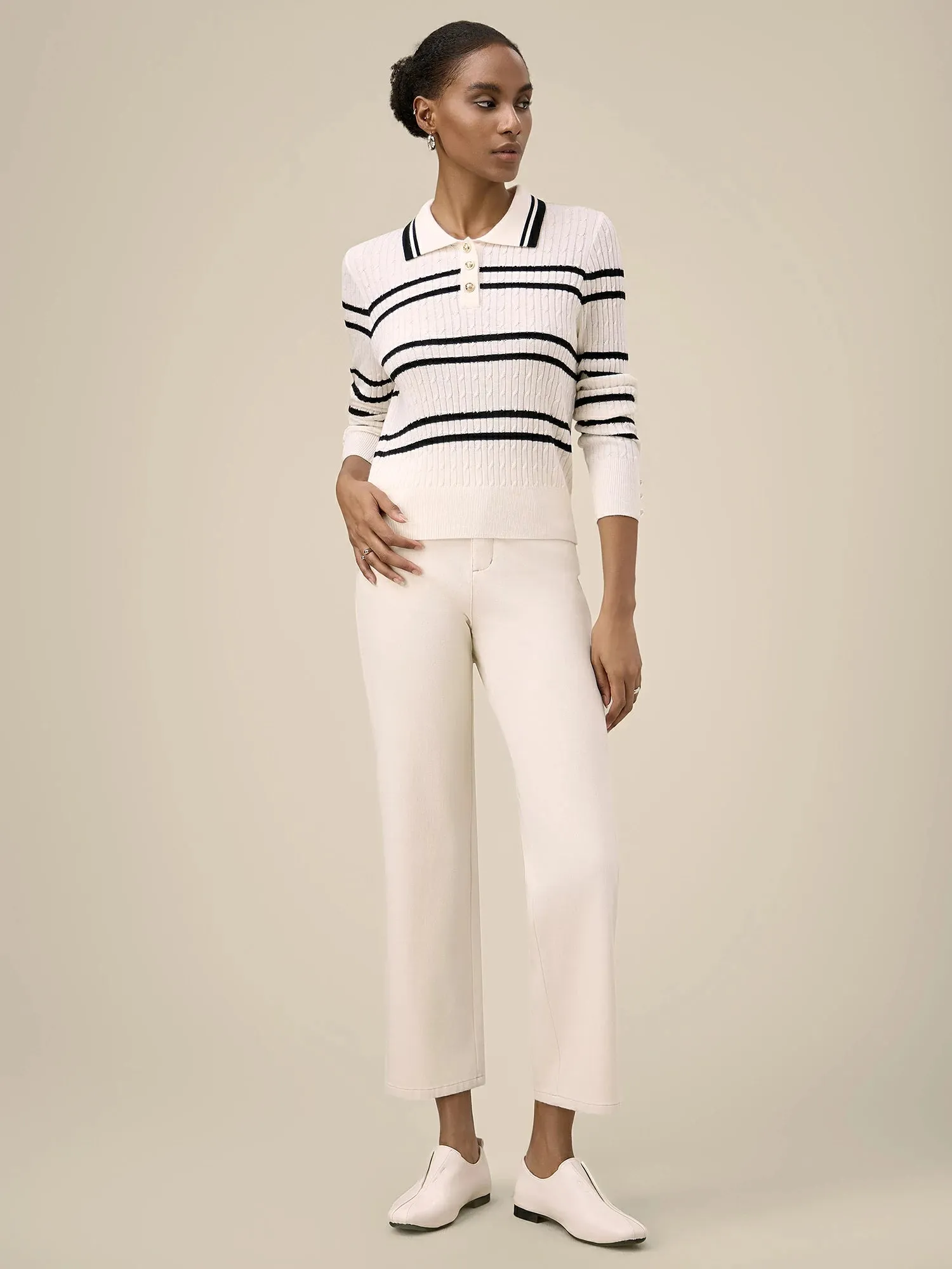 Amoretu Women's Wool Polo Collar Striped Knit Sweater sold by Amoretu product image thumbnail 2