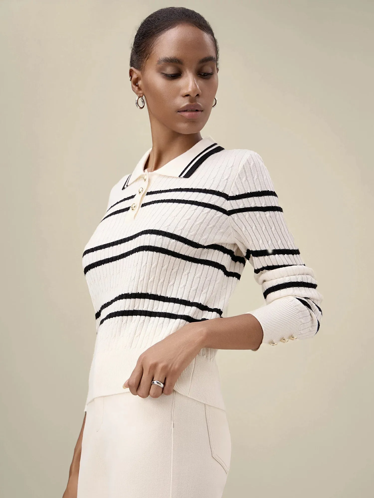 Amoretu Women's Wool Polo Collar Striped Knit Sweater sold by Amoretu product image thumbnail 3