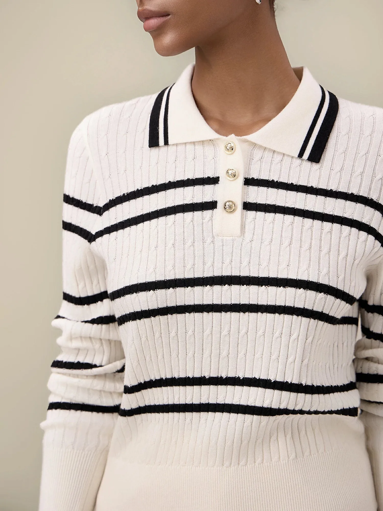 Amoretu Women's Wool Polo Collar Striped Knit Sweater sold by Amoretu product image thumbnail 5