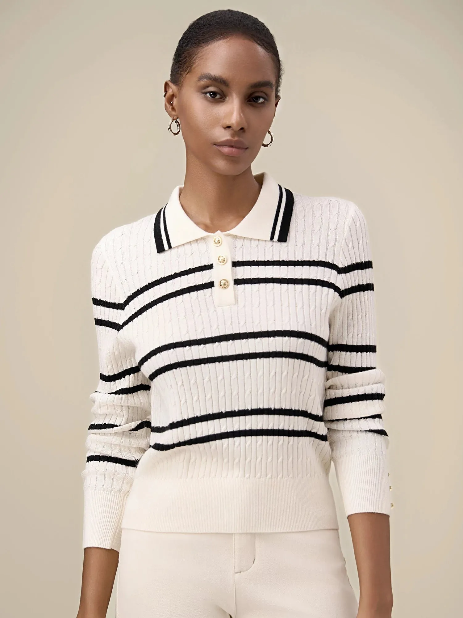 Amoretu Women's Wool Polo Collar Striped Knit Sweater sold by Amoretu