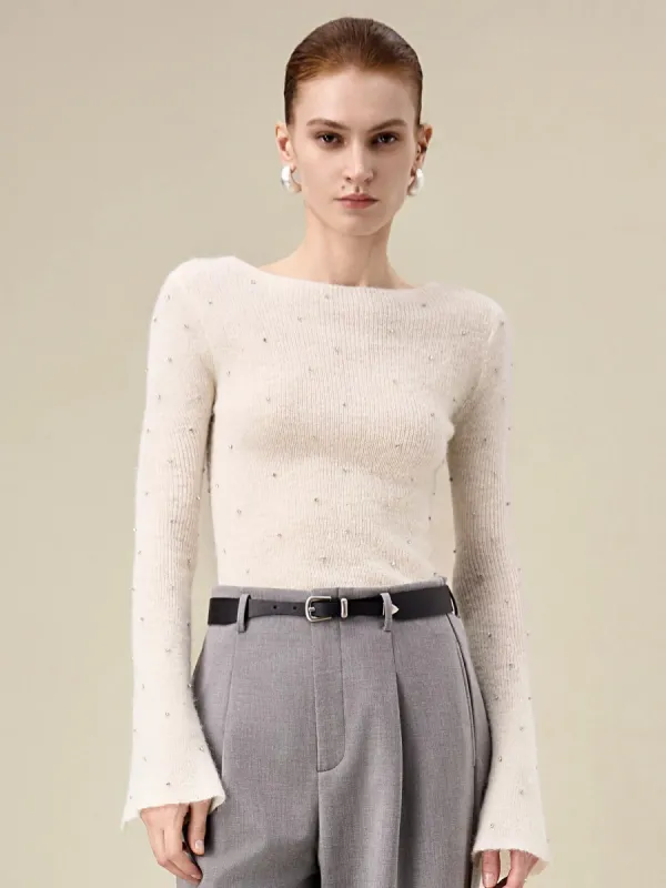 Amoretu 100% Wool Trumpet Sleeve Hand-Beaded Knitted Sweater sold by Amoretu