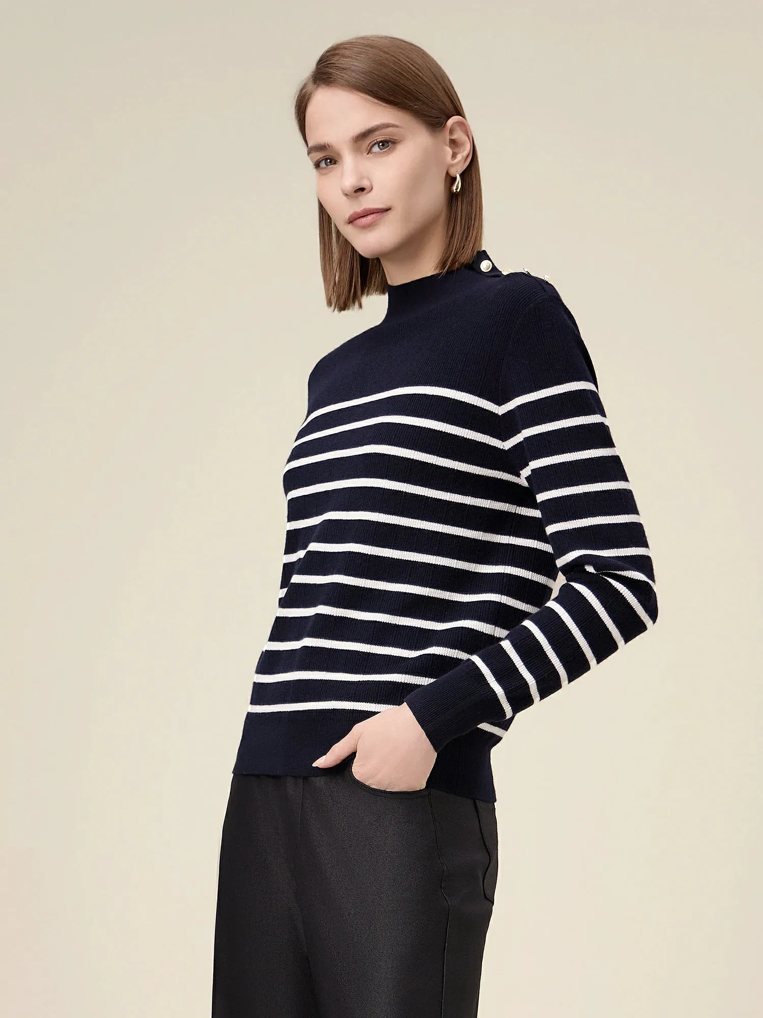 Amoretu Women's Wool Half Turtleneck Striped Knitted Sweater sold by Amoretu product image thumbnail 3
