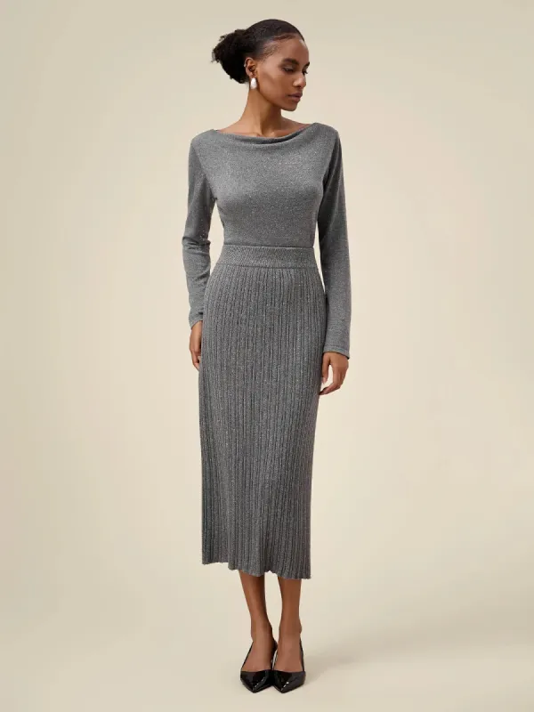 Amoretu Wool Gold Silver Yarn Sweater Straight Knit Skirt 2 Piece Set sold by Amoretu