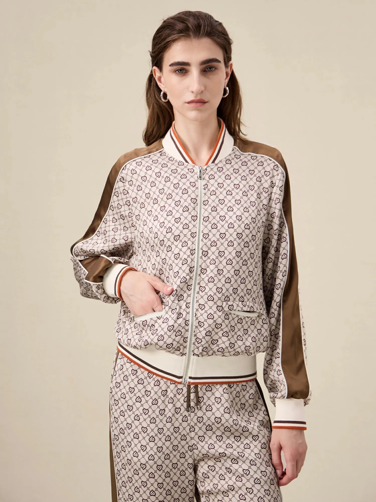 Amoretu Acetate Satin Monogram Patterned Jacket And Pant 2 Piece Set sold by Amoretu product image thumbnail 2
