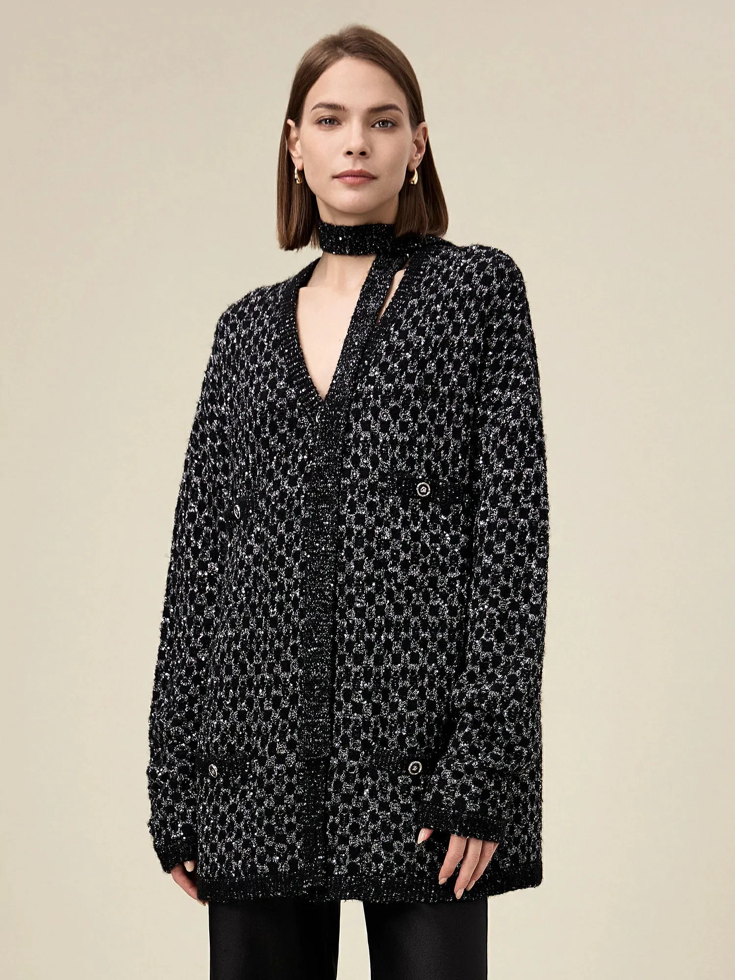 Amoretu Wool Gold Silver Yarn Cardigan Wide-Leg Pants 2PCS Sets sold by Amoretu product image thumbnail 2