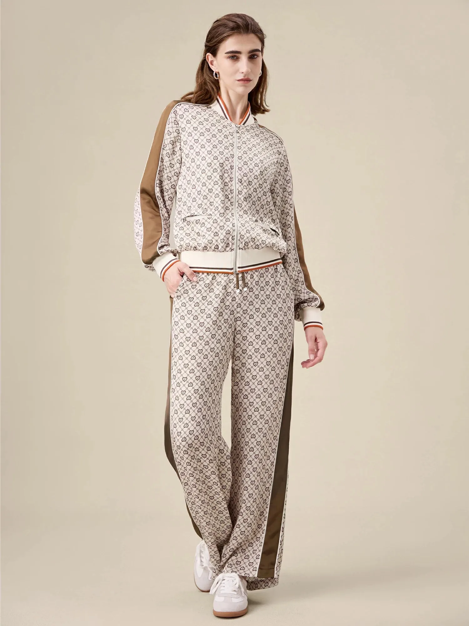 Amoretu Acetate Satin Monogram Patterned Jacket And Pant 2 Piece Set sold by Amoretu