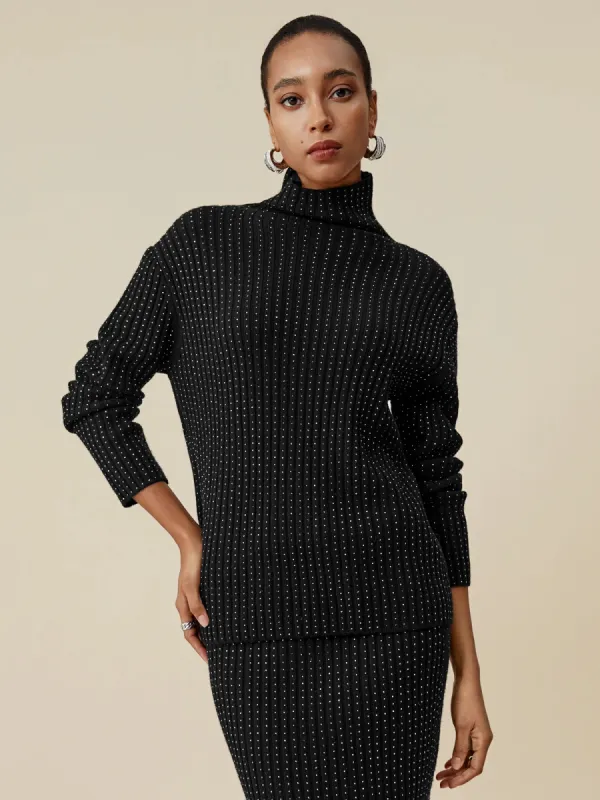 (FINAL SALE) 100% Wool Turtleneck Long Sleeve Rhinestone Sweater sold by Amoretu