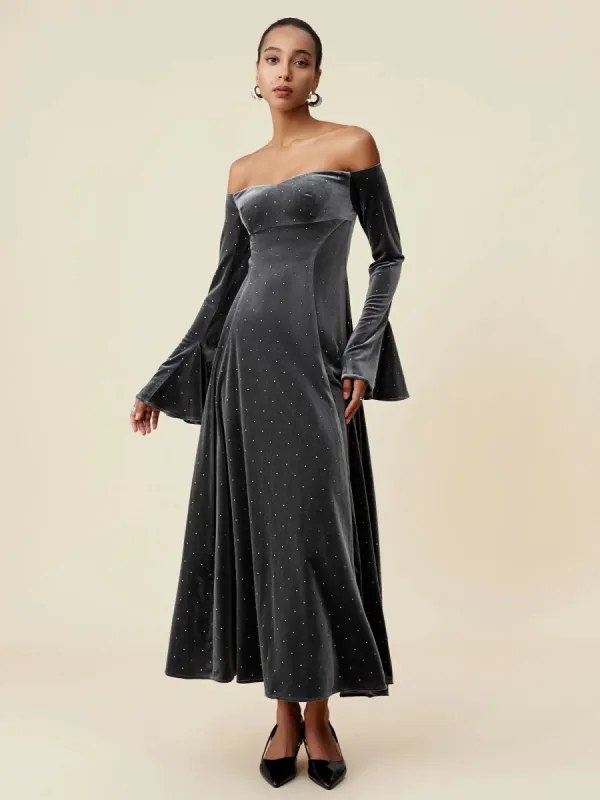 Amoretu Velvet Rhinestone Long Sleeve Off-Shoulder Dress sold by Amoretu