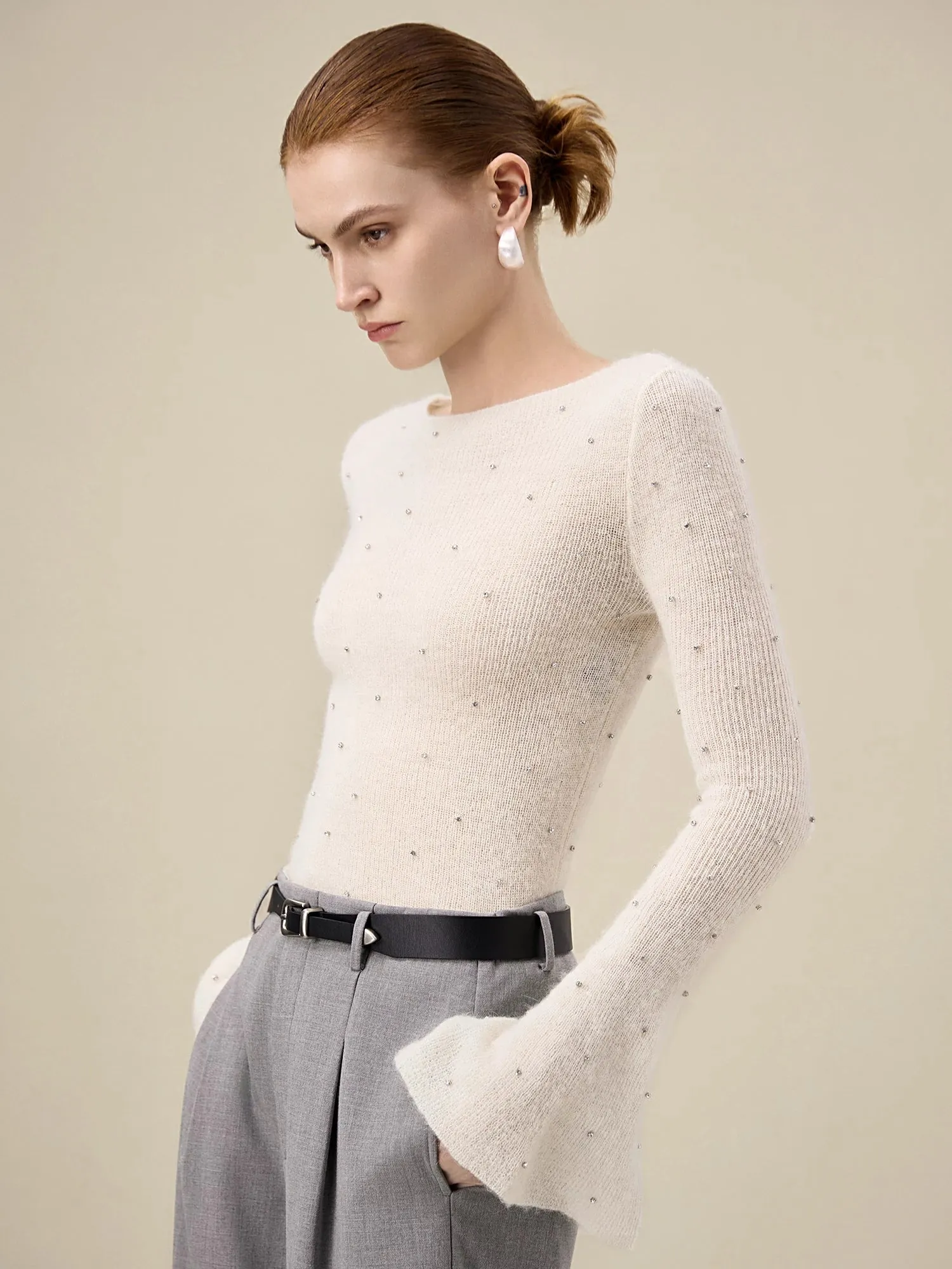Amoretu Wool Trumpet Sleeve Hand-Beaded Knitted Sweater sold by Amoretu product image thumbnail 3
