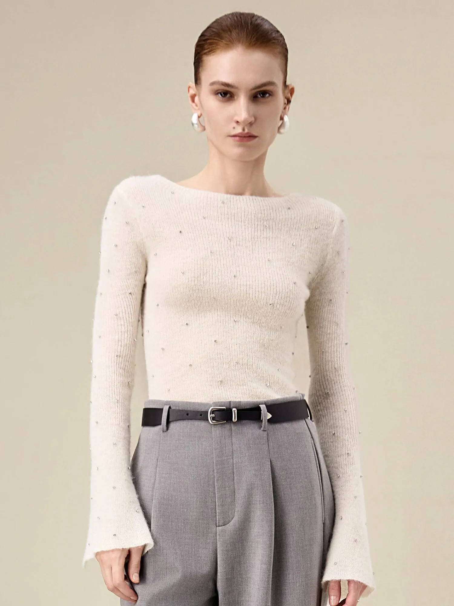 Amoretu Wool Trumpet Sleeve Hand-Beaded Knitted Sweater sold by Amoretu