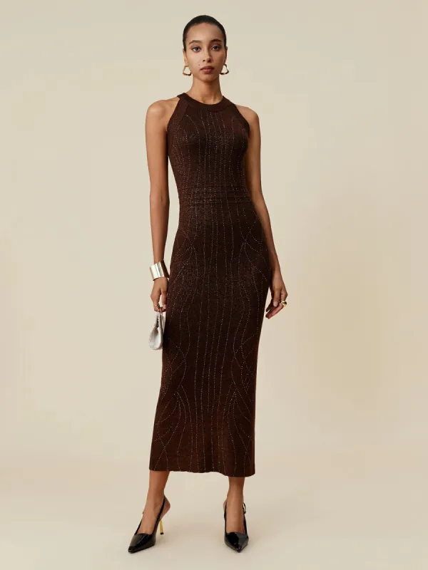Amoretu Wool Round Neck Sleeveless Rhinestone Embellished Dress made by Amoretu