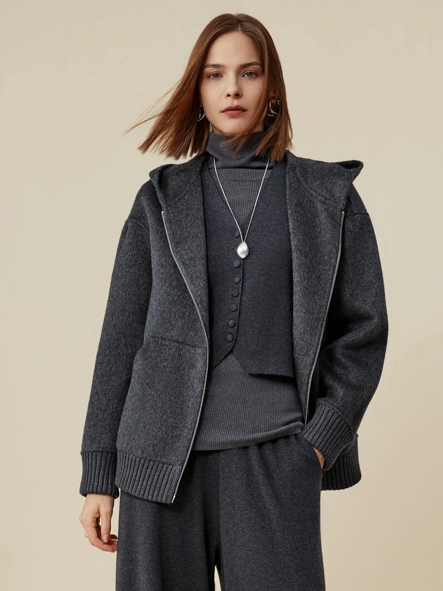 (FINAL SALE)70.9% Wool Hooded Zipper Short Coat sold by Amoretu