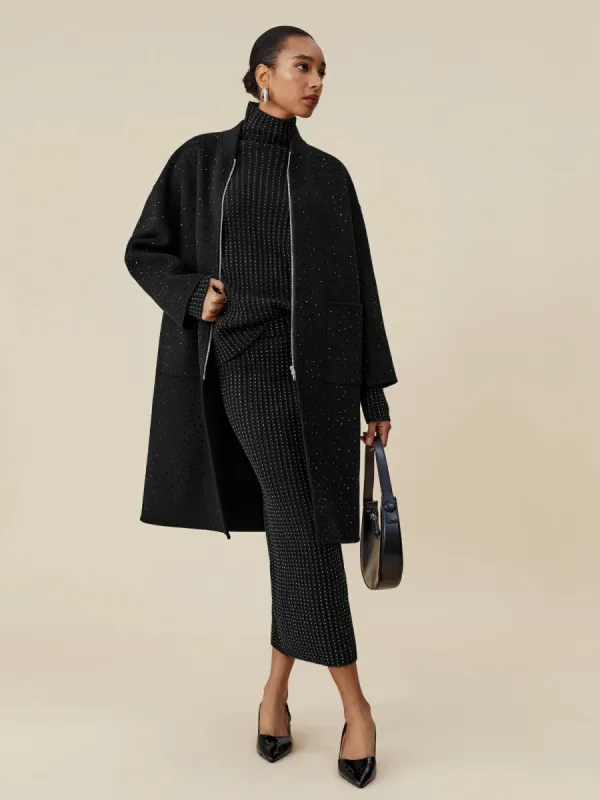 Amoretu 100% Wool Baseball Collar Rhinestone Zipper Long Coat sold by Amoretu