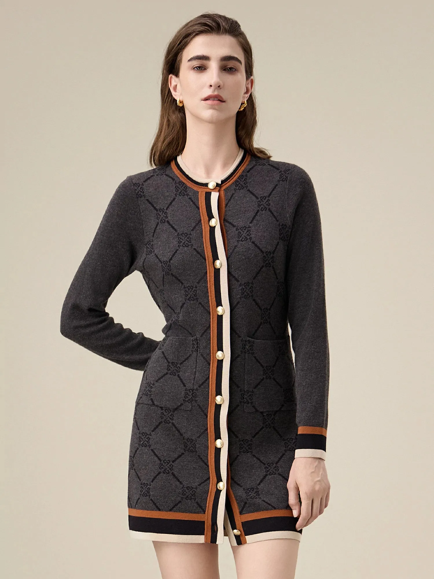 Amoretu Lyocell Long Sleeve Contrast Logo Pattern Knitted Dress sold by Amoretu product image thumbnail 3