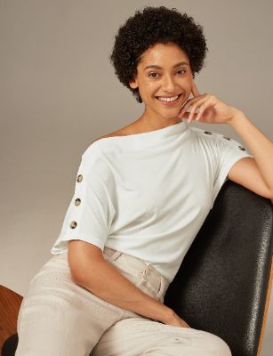 Button Off Shoulder T Shirt sold by Amoretu