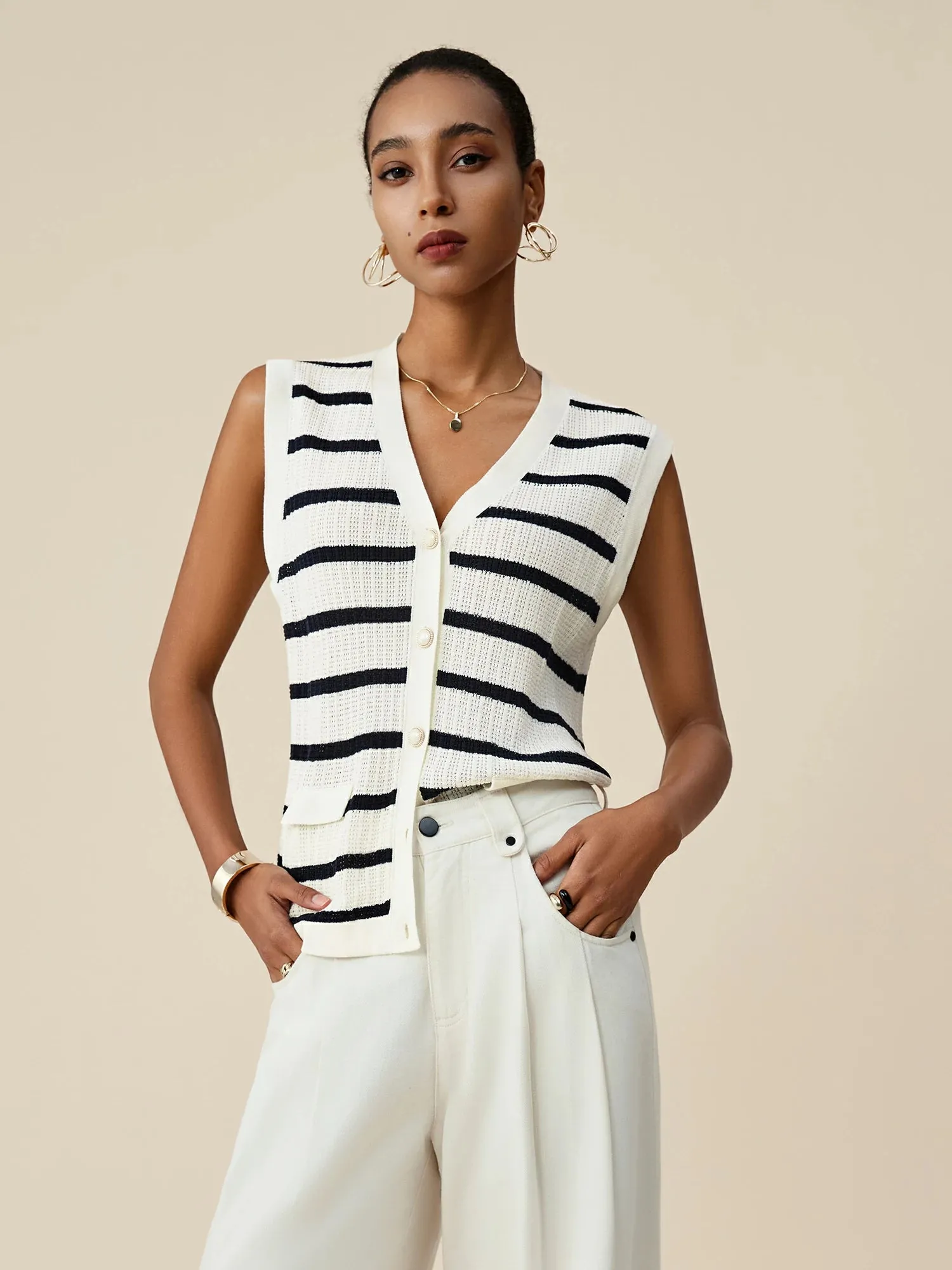 (FINAL SALE)Lyocell & Linen Sleeveless Striped Vest sold by Amoretu