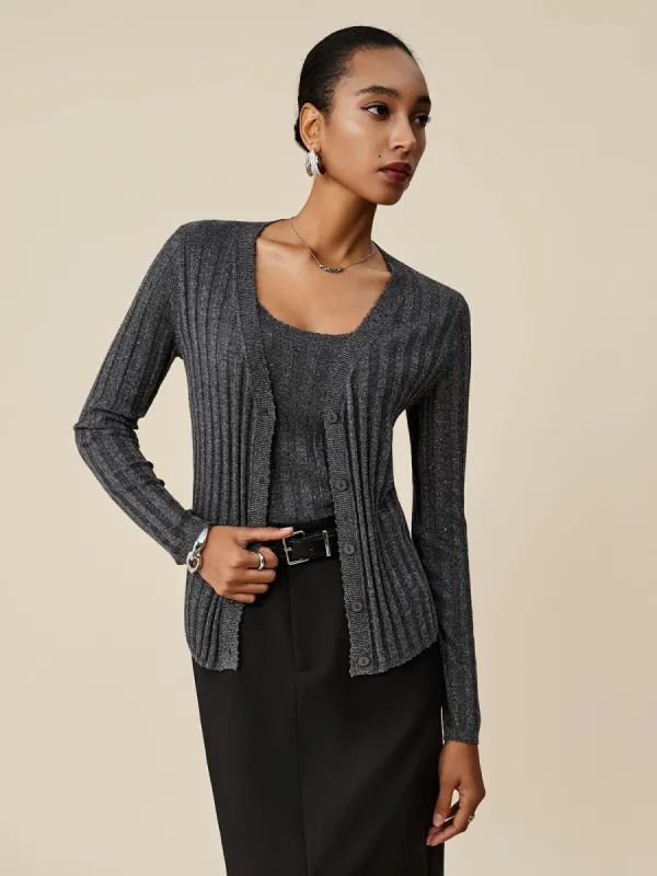 (FINAL SALE)Wool V-Neck Sequin Knitted Cardigan sold by Amoretu