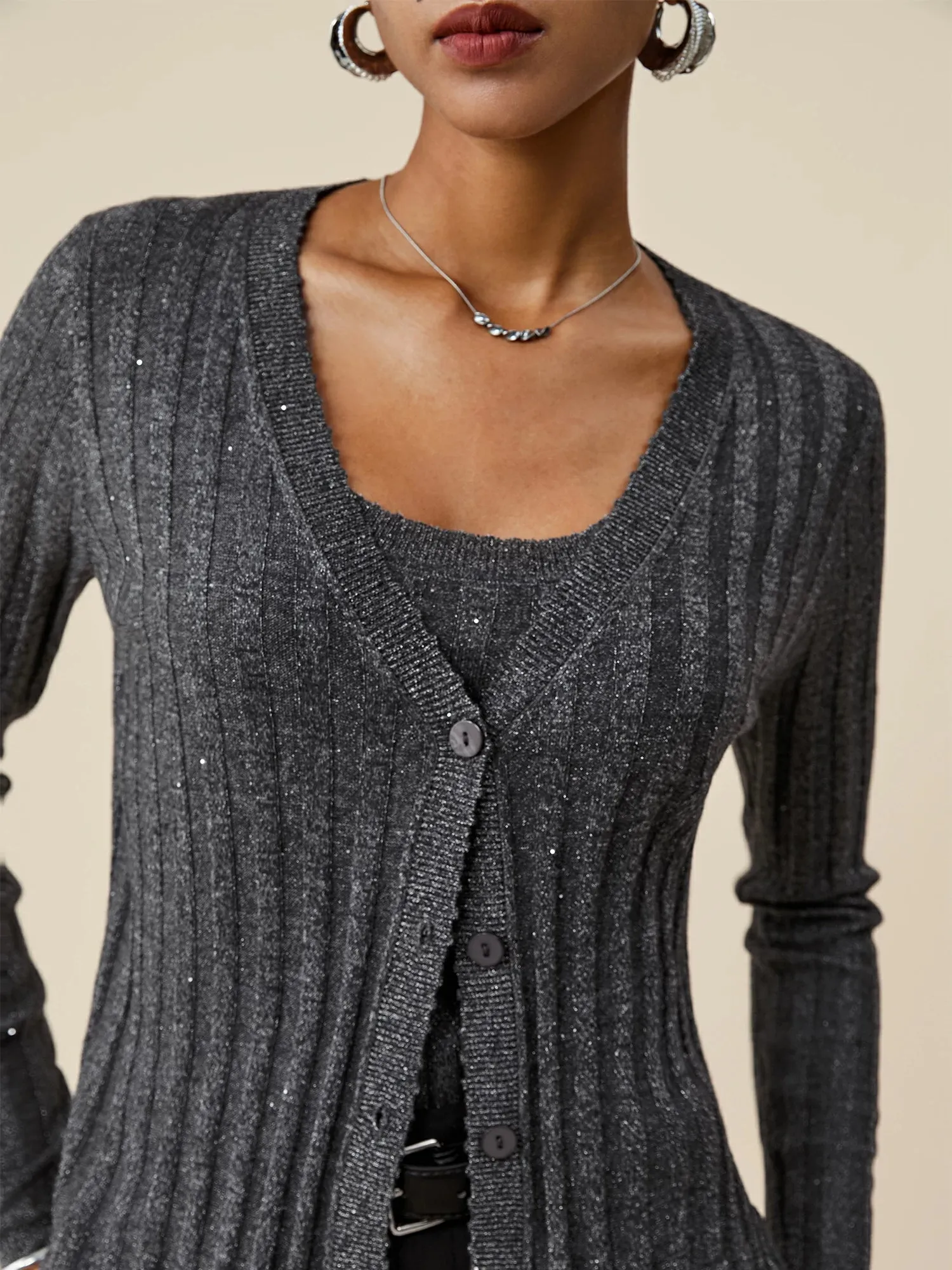 (FINAL SALE)Wool V-Neck Sequin Knitted Cardigan sold by Amoretu product image thumbnail 5
