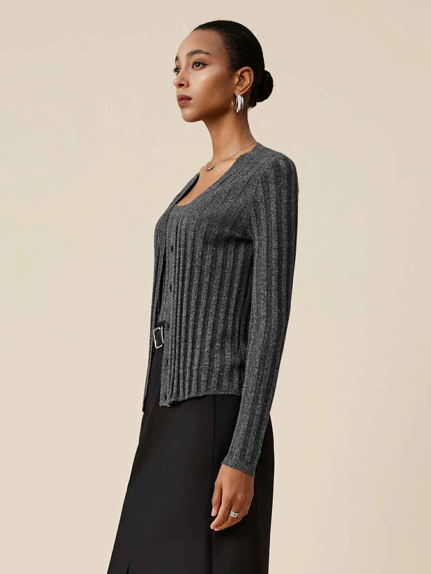 (FINAL SALE)Wool V-Neck Sequin Knitted Cardigan sold by Amoretu product image thumbnail 3